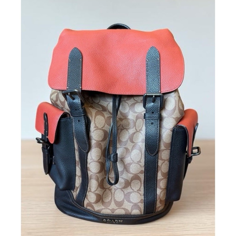 Coach Hudson C8145 Backpack Signature Canvas Khaki Terracotta Leather Colorblock